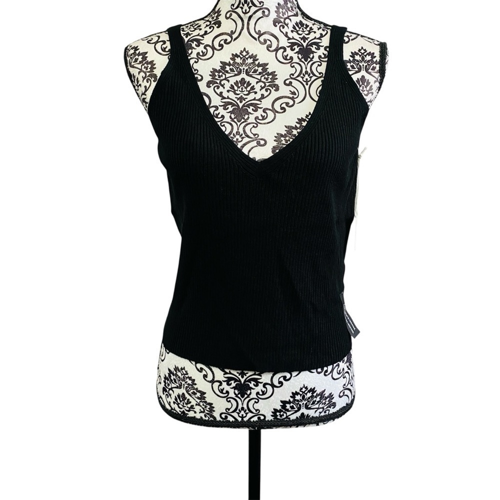 Etre-La Women’s Black Ribbed V-Neck Top NWT Sz-M/L